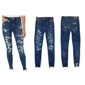 AMERICAN EAGLE Super Hi-Rise Jegging  Women's 0  AEO  Distressed Patched Jeans